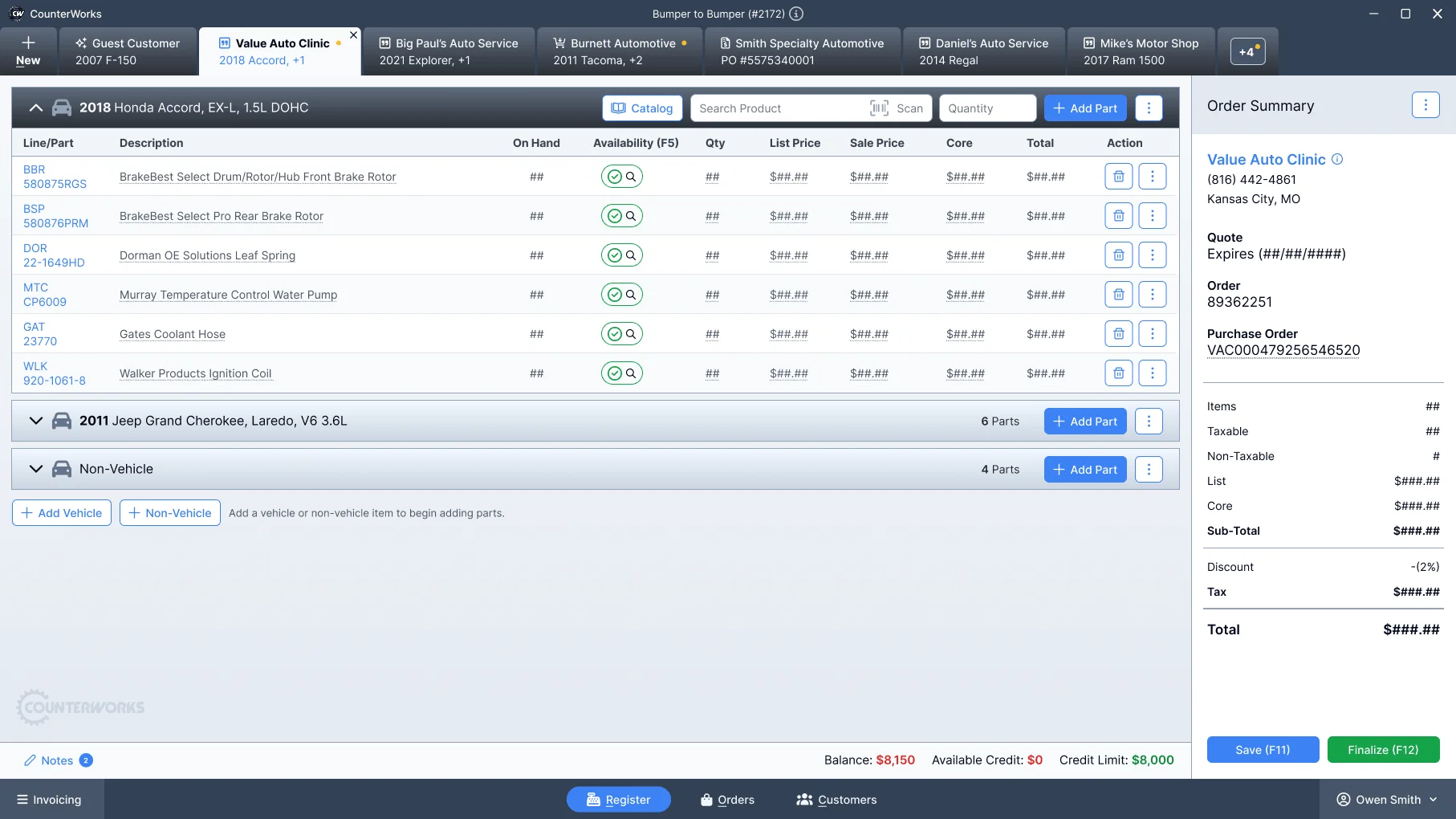 The CounterWorks order workspace with six customer tabs across the top, the active order's line items grouped by vehicle, and an order summary panel; prices are masked.