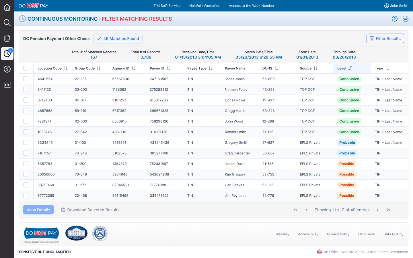 The matching-results screen for one agency file, reporting 49 matches found, with summary counts above a table of potential matches, each labeled Conclusive, Probable, or Possible, and Filter Results and View Details controls.